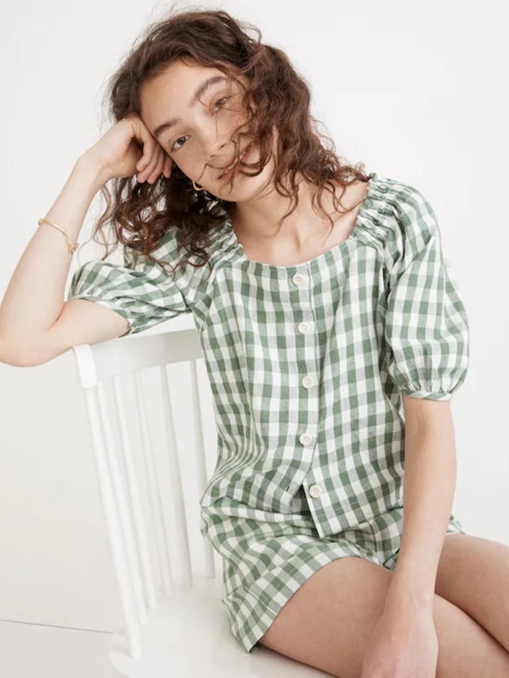 Madewell Green and White Gingham Puff Sleeve Button Front Blouse